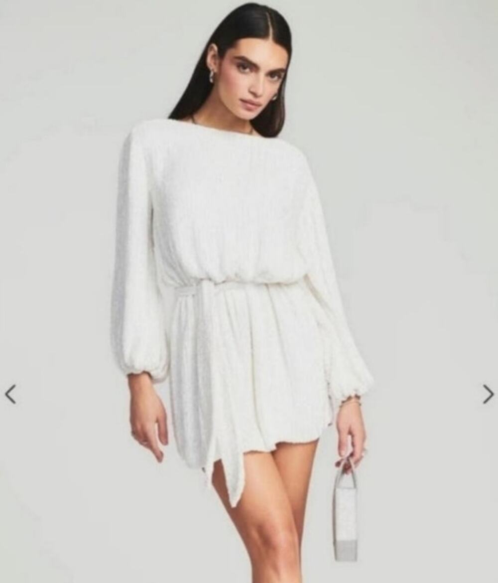 Retrofete Grace Sequin Dress in Moonglow White Size XS NWT Belt Long Sleeve
